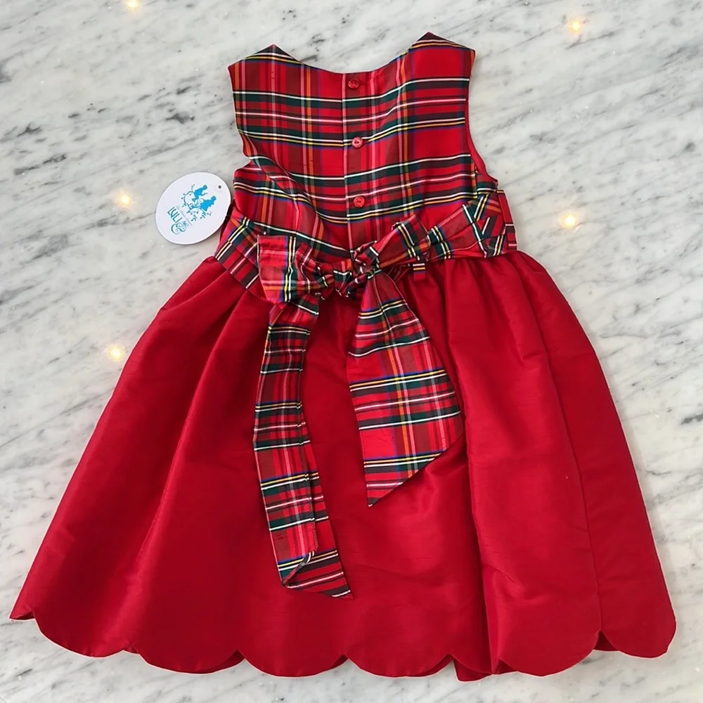 New Luli and Me Girls Red Silk Holiday Christmas Plaid Scallop Hem Party Dress - Picture 5 of 5